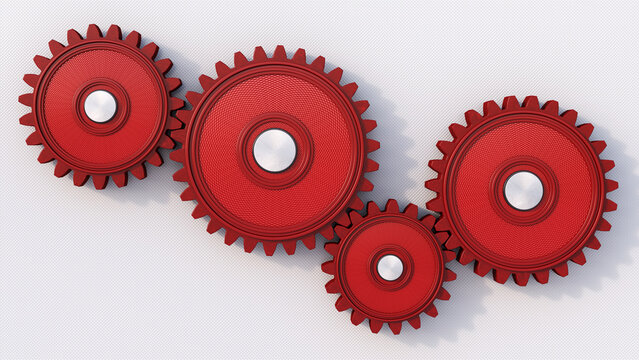 Four red cogwheels on light background, 3D Rendering