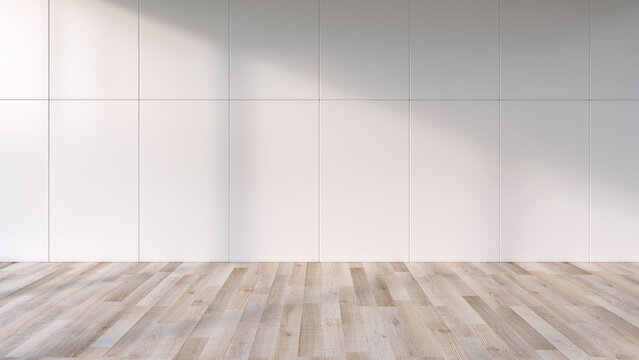 Shadows on the wall of an empty room with wooden floor, 3D Rendering