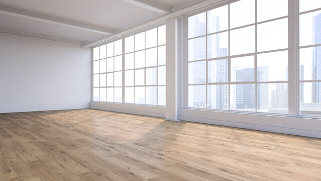Empty loft with view at skyline, 3D Rendering