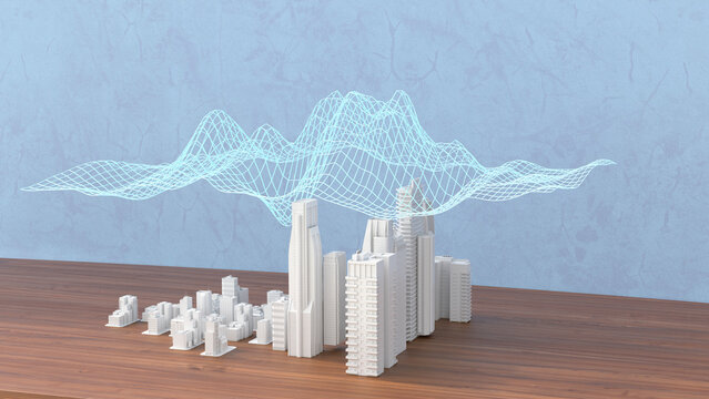 Model of a city with digital grid, 3d rendering