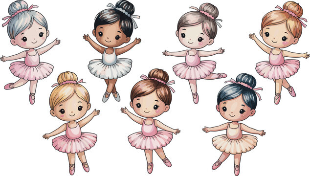 Cute little ballerina girls watercolor vector illustration character clip art set isolated on white background