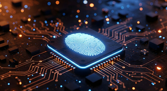 Glowing blue fingerprint on a microchip on a circuit board with orange and blue dots