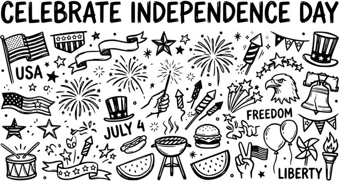 Hand-drawn Black  White Line Art Doodle Set of American Independence Day Celebration Icons  Symbols for 4th of July Patriotic Design