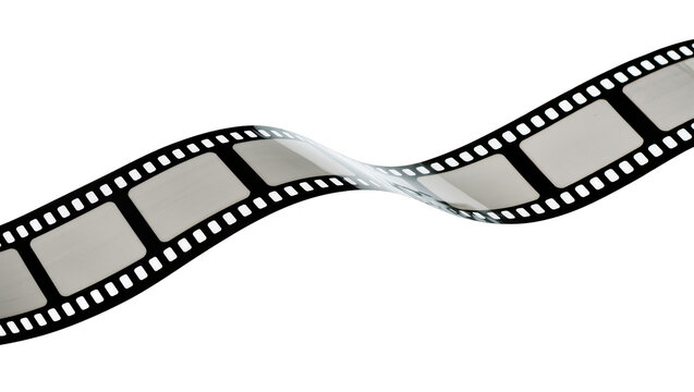 Curving black film strip with empty frames, isolated on transparent background