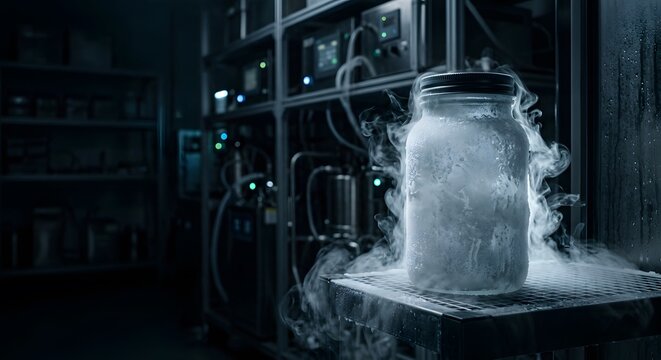 futuristic cryogenic storage container with frozen vapor in advanced biotechnology laboratory for ultra cold pharmaceutical preservation and medical research