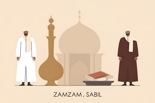 Islamic architecture, traditional men, mosque background, cultural illustration, religious symbols