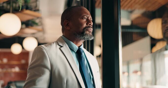 Thinking, manager and black man by glass for business strategy, financial decision and investment. Reflection, corporate and mature person with idea for finance proposal, problem solving and solution