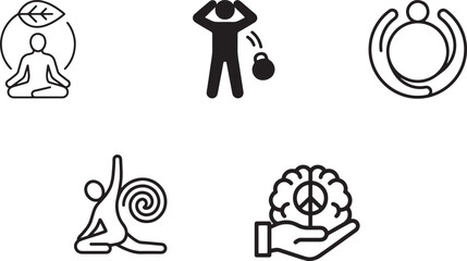 Fototapeta premium Mental Wellness Lifestyle Line Icons Set with Meditation and Self Care Symbols, Healthcare Vector Collection