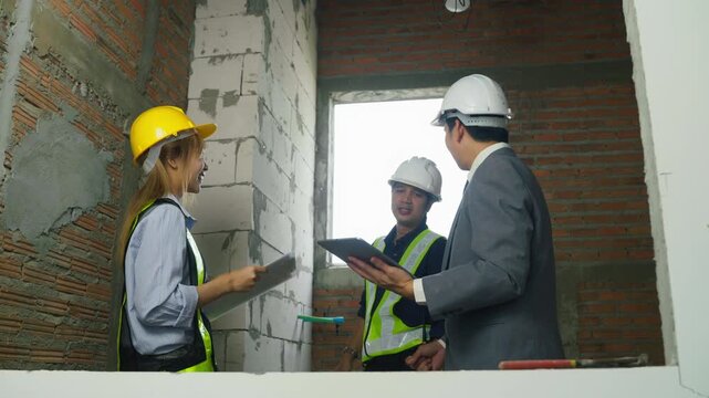 Construction site interior plan inspection building architecture hard hat worker meeting with engineer and architect reviewing project tablet clipboard safety helmet safety vest team discussion