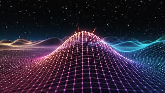 Abstract digital landscape with glowing neon wireframe mesh terrain