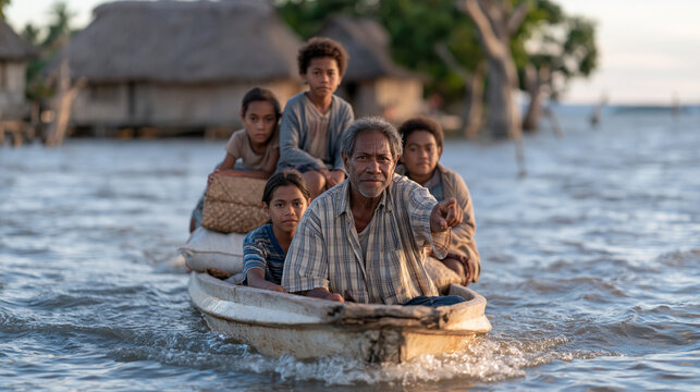 Pacific Islander family loading a small boat with household possessions as floodwater surrounds their island village home, children seated on top of bundles, elder pointing toward distant shore, cli