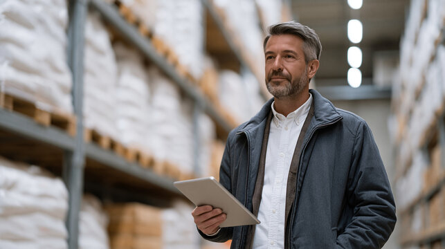 Regional food distribution manager walks cold-storage warehouse aisle with tablet, scanning barcode labels on floor-to-ceiling produce racks, inventory levels and expiration data populating dashboar