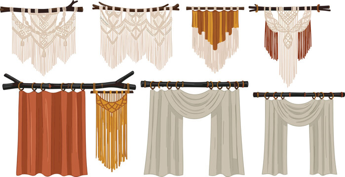 Boho macrame wall hangings and rustic window curtains vector set collection with handmade cotton tassels on wood branches for bohemian interior home decor design
