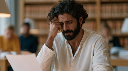 Obraz premium Salvadoran IT professional reviewing his H1B denial notice at a public library table, law library books behind him, other patrons blurred in background, visa rejection stress, employment immigration