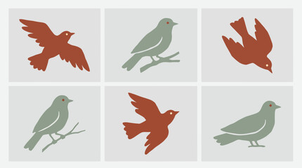 Obraz premium A grid of six minimalist vector bird illustrations in flying, perched and standing poses, featuring terra cotta and muted green hues, Symbolizing environmental awareness and nature conservation