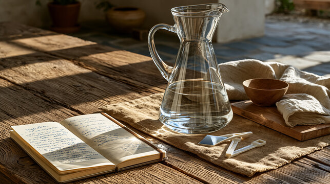 Symbolic still life of a clean glass water filtration pitcher beside mineral test strips and a notebook with handwritten hydration notes on a rustic wooden surface, water quality health concept, agi