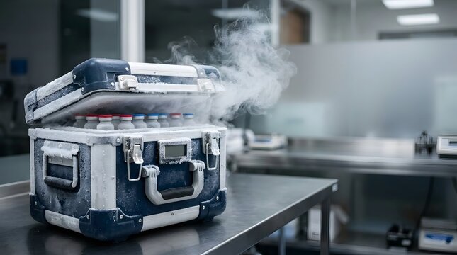 open frozen vaccine transport case with medical vials and cold vapor inside pharmaceutical laboratory