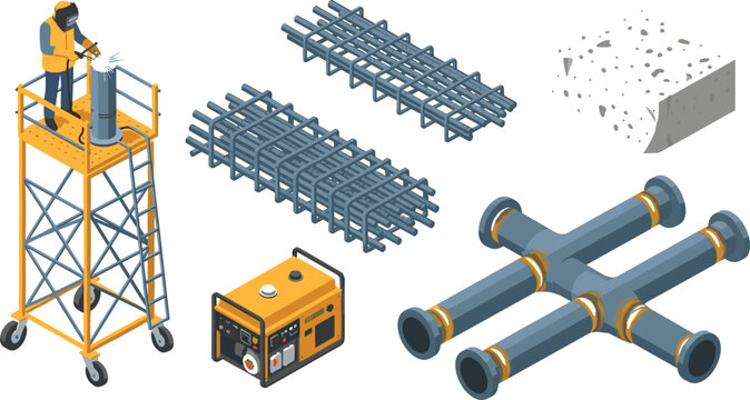 Isometric construction site construction elements vector set collection with welder on scaffolding generator steel rebar reinforcing mesh and industrial metal pipes illustration