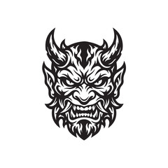 Fototapeta premium Black and White Illustration of a Fearsome Demon Oni Mask.