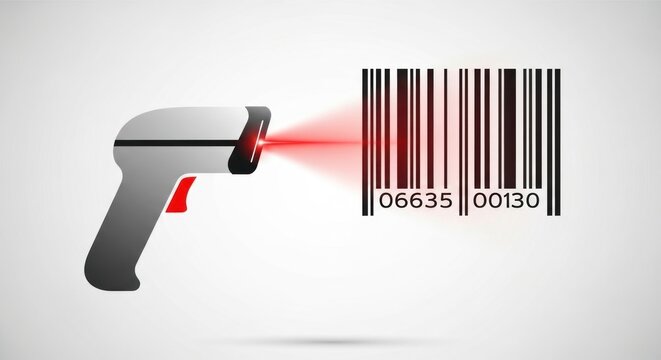 Barcode scanner with beam scanning code on gray background