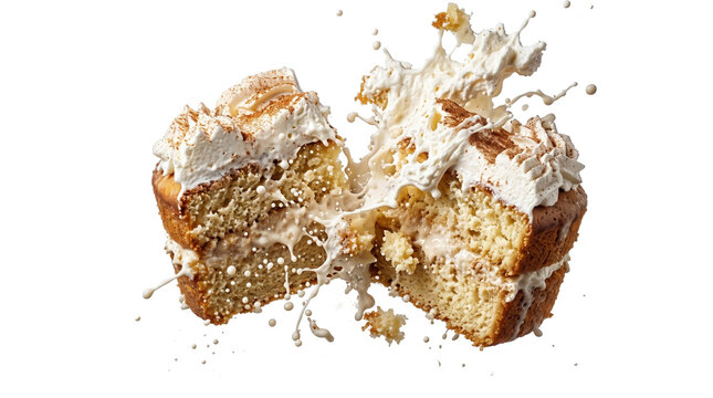 Exploding cinnamon cake with cream frosting and dynamic splash effect