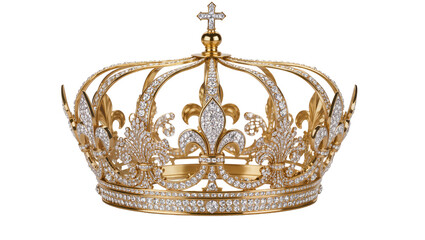Ornate golden crown adorned with diamonds and fleur-de-lis, isolated on transparent background © Piotr