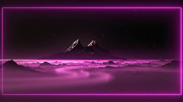 Glowing neon frames surround a dark mountain range at night