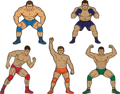 Set of five muscular male boxer and wrestler fighter characters in various action poses. Vector cartoon illustration isolated on white background. Suitable for sports, martial arts, fitness, and comba
