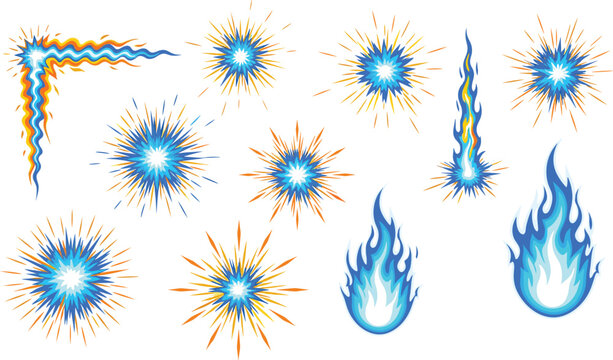 Comic blue fire explosion effects and cartoon energy burst sparks vector set collection with magic flames for game UI graphic design isolated elements