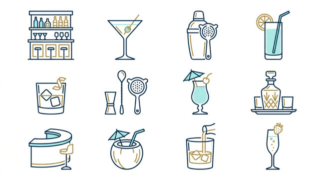 Collection of Bar Drinks and Bartending Tools Icons.