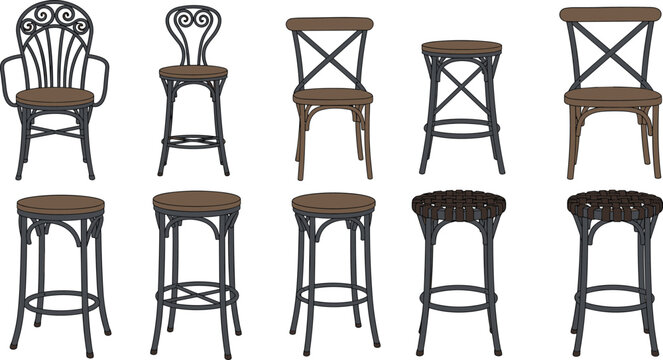 Vintage industrial bar stools and rustic wooden dining chairs vector set collection with ornate metal frames for retro cafe bar restaurant interior design