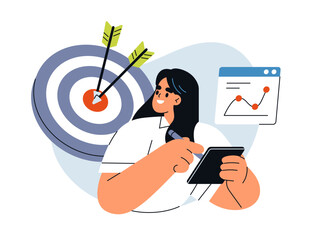 Naklejka na ściany i meble Achieving business targets, reaching audience in marketing. Aim and goal achievement, KPI and performance analysis. Sales success. Concept flat vector illustration isolated on white background