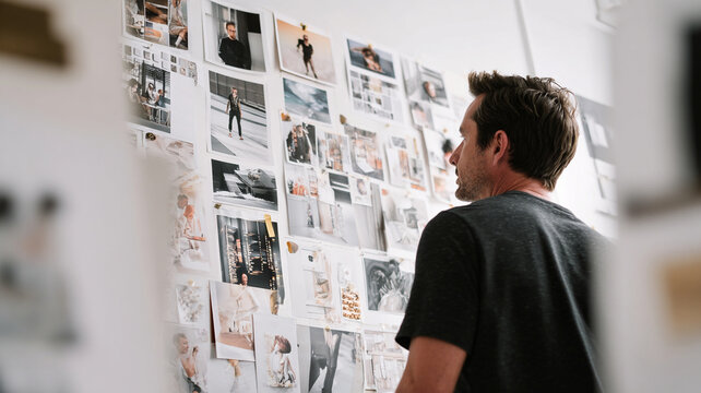 Man reviews wall filled with photographs and design concepts, possibly creative studio. images display various fashion and lifestyle themes, suggesting focus visual storytelling and brand