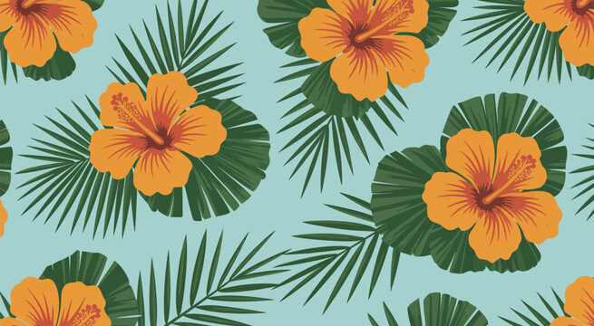 orange hibiscus flowers seamless pattern with tropical floral design, flat vector illustration for fabric print, summer textile background and exotic botanical decoration.