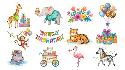 Obraz premium Cute safari birthday collection with watercolor party animals and gifts. Collection of Vector illustrations for invitation, card, poster, banner, decoration