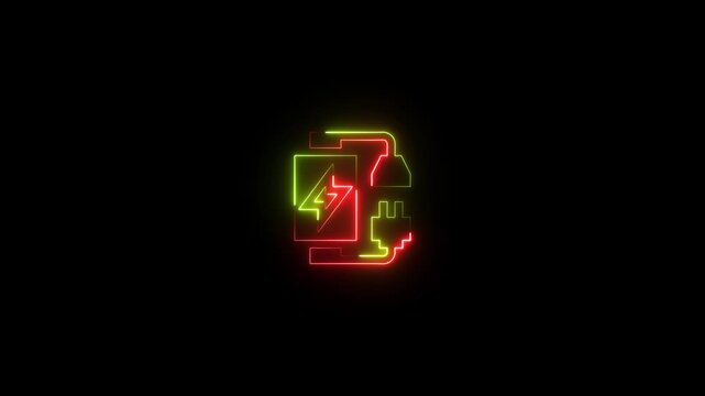 Neon glowing electric plug and battery icon isolated on black background