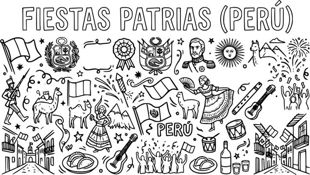 Peru National Holidays Doodle - Black and White Line Art Vector of Peruvian Culture, Symbols, and Celebrations