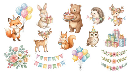 Naklejka premium Adorable woodland animals for birthday celebration in pastel watercolor style. Collection of Vector illustrations for invitation, card, poster, banner, decoration