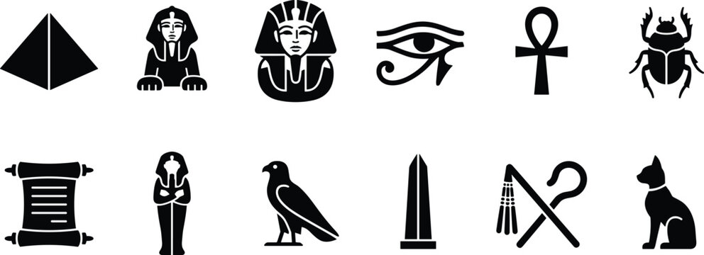 Ancient Egypt themed flat black vector icon set with pyramid, pharaoh, ankh, scarab and hieroglyph symbols