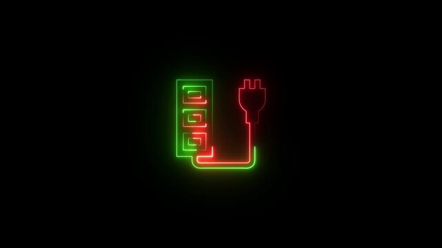 Neon glowing power strip icon with electrical plug, energy efficiency concept, digital illustration of power extension cord on black background