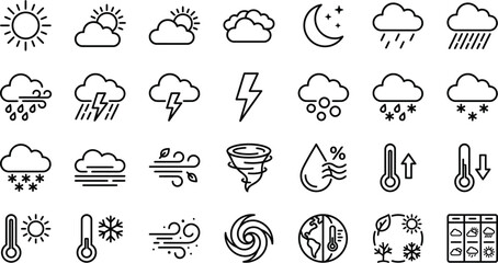 Obraz premium Collection of weather icons with sun clouds rain snow wind, thunderstorm