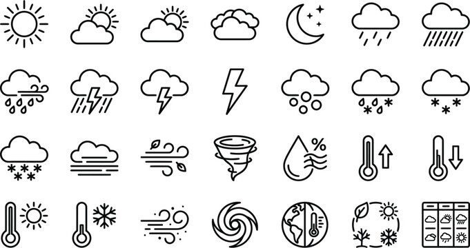 Collection of weather icons with sun clouds rain snow wind, thunderstorm