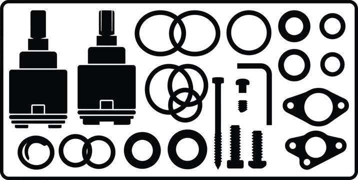 Plumbing faucet repair parts, cartridges O-rings screws and wrenches, maintenance kit.