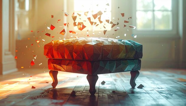 Colorful exploding ottoman in sunlit room with broken pieces
