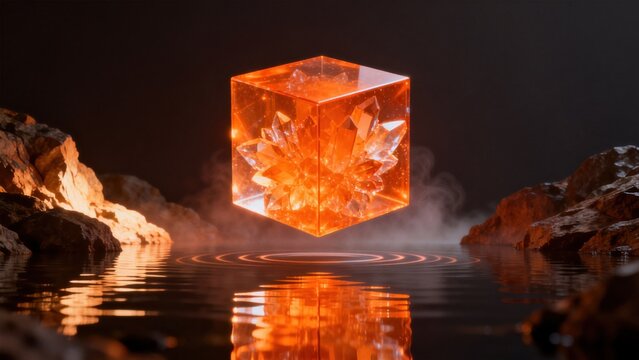 Glowing crystal cube over water