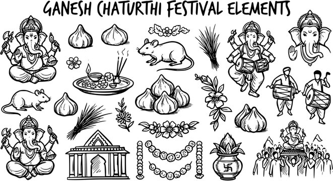 Ganesh Chaturthi Hindu Festival Elements: Black and White Line Art Sketch of Lord Ganesha, Modak, Rat, Temple, Drums, and Devotees for Cultural Celebrations.