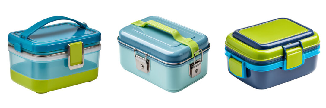 Set of Blue and Green Plastic Lunch Box with Handle and Metal Latch transparent png background. Ai generated