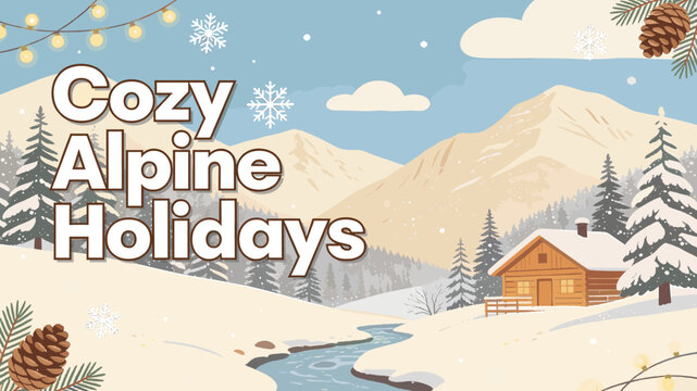 Cozy Alpine Holidays: A serene winter landscape featuring a charming cabin nestled amidst snow-covered mountains and pine trees, with a winding stream and festive string lights.