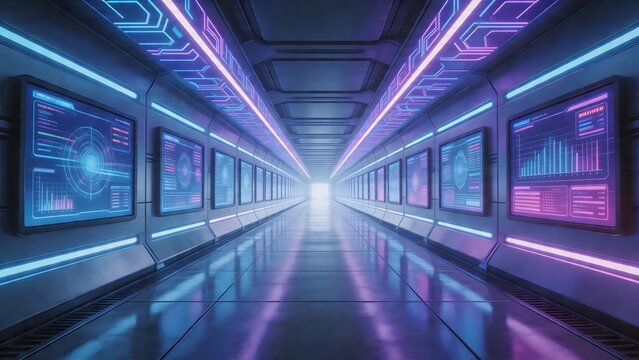 Futuristic corridor with neon lights