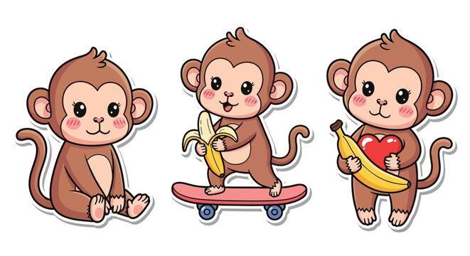 Three monkeys play with bananas on skateboard